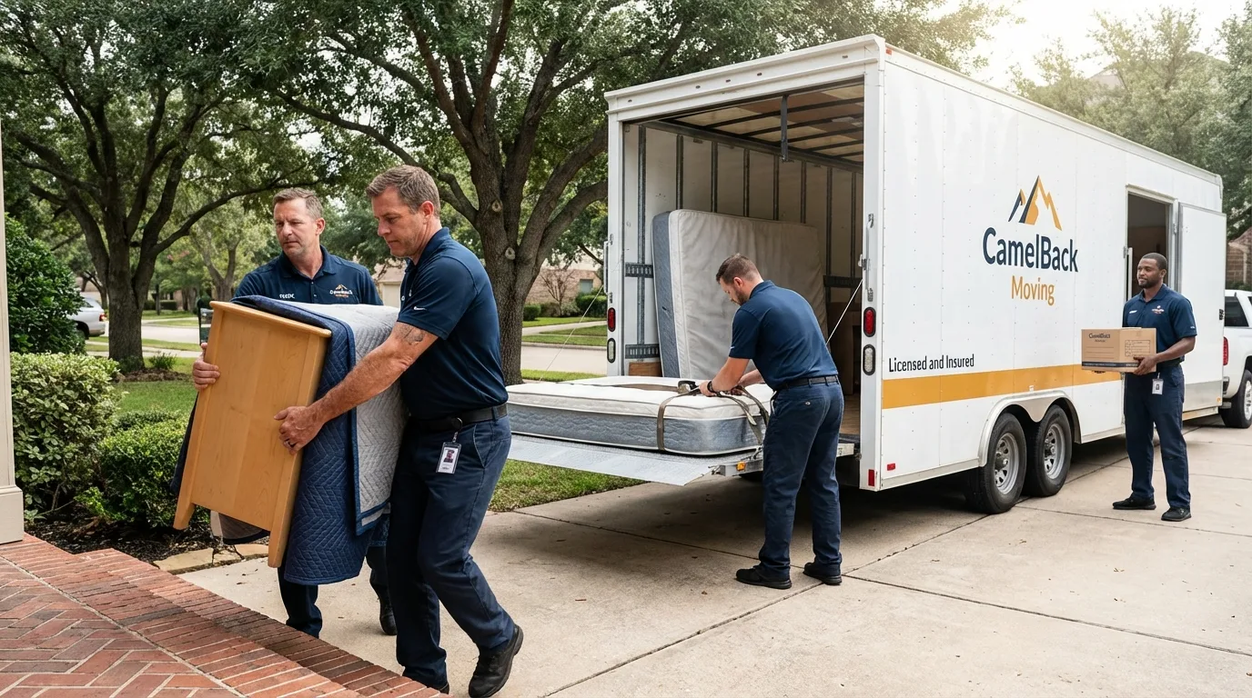 Crew loading residential truck for cross-state move from Drain, OR