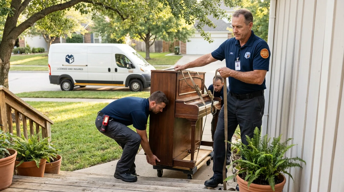 Licensed piano movers securing grand piano in Drain, OR